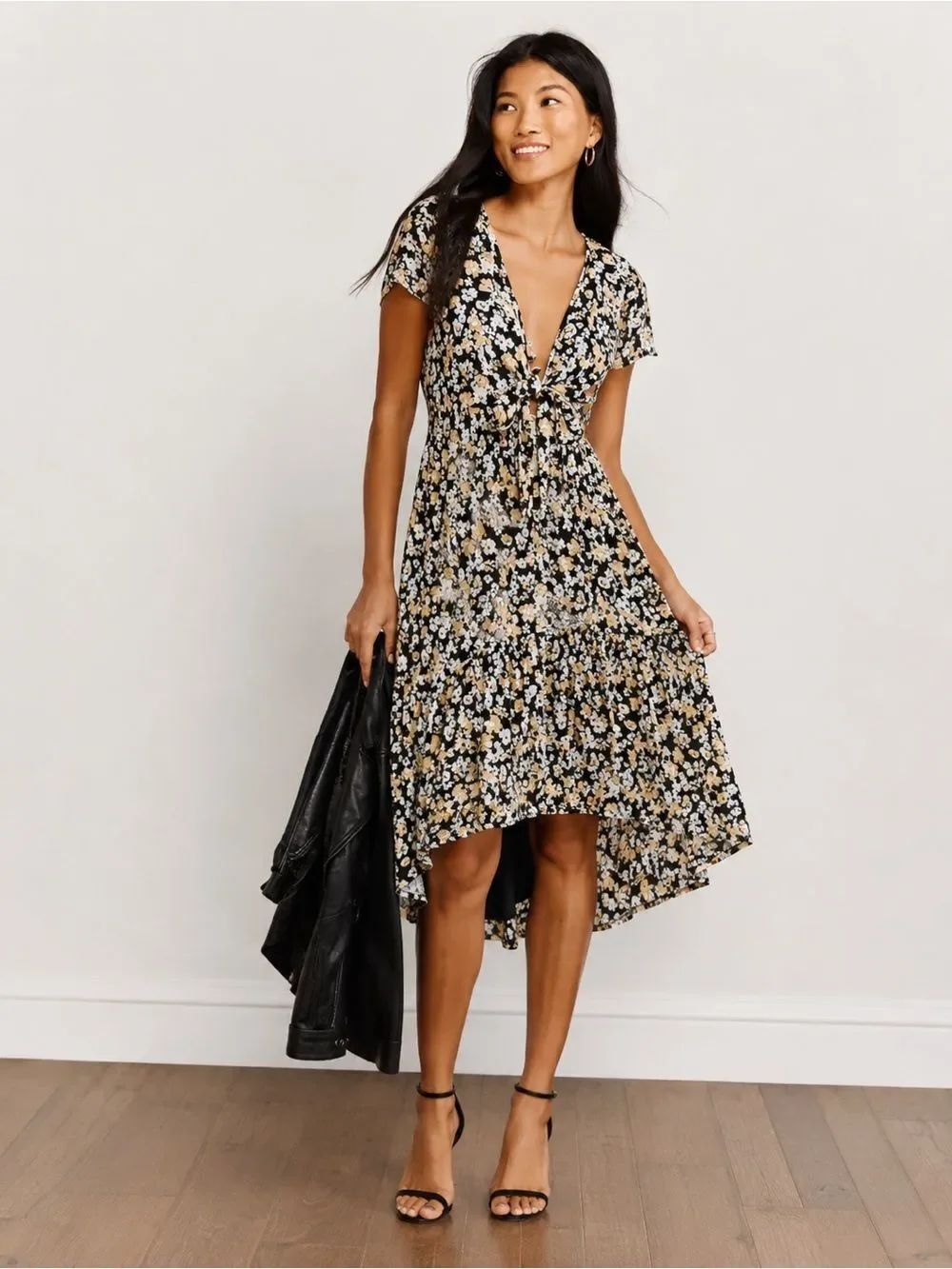 Abercrombie & Fitch Black White Yellow Floral Print Ruffle High Low Dress M Boho